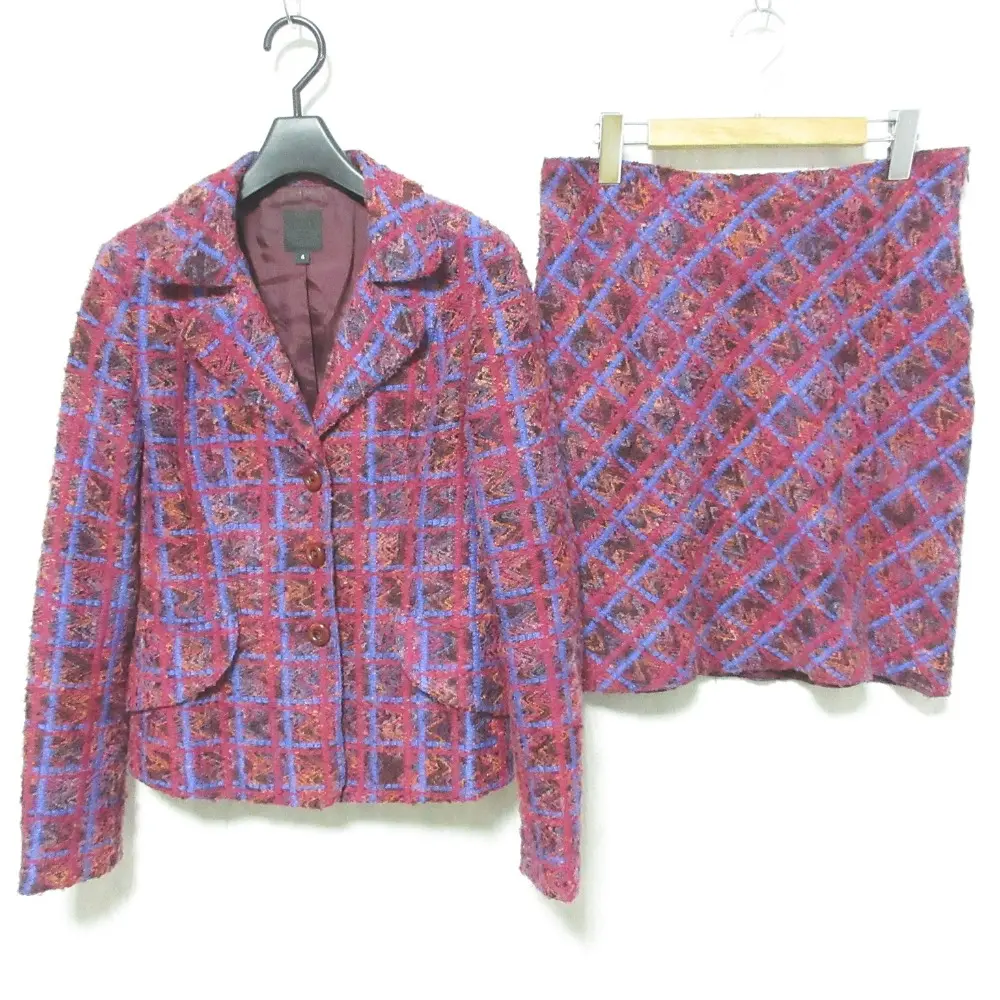 ANNA SUI アナスイ USA製 ヴィンテージ チェック柄 ツイードニットジャケット ミニスカート 上下 スーツ セットアップ パープル系