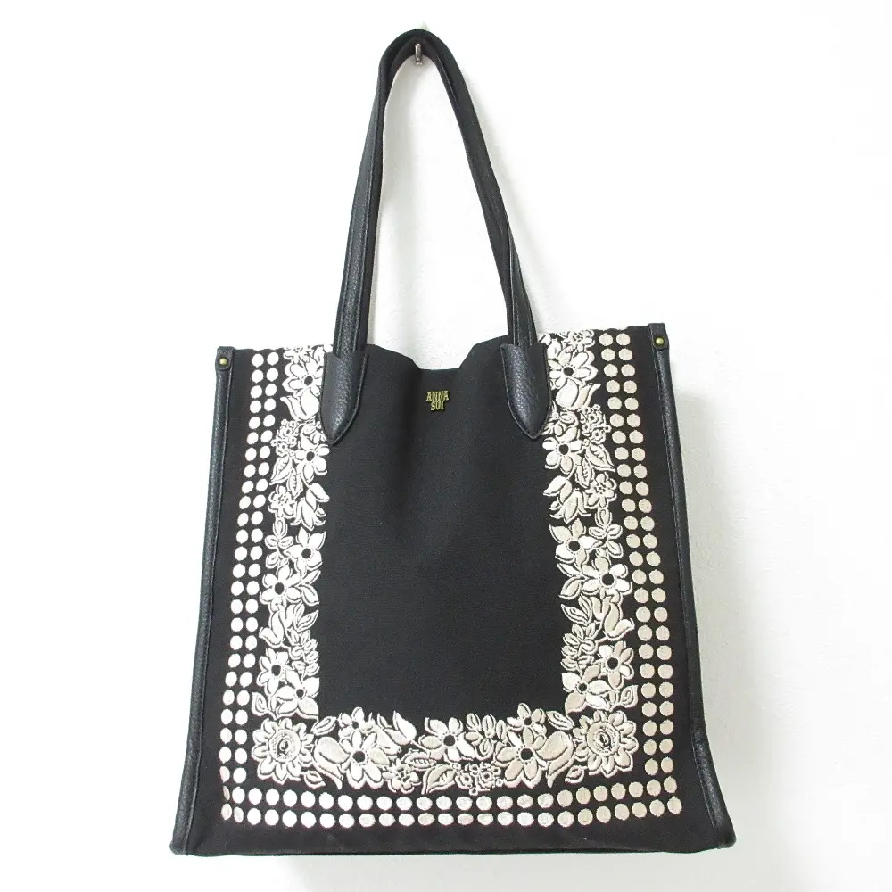 ANNA SUI アナスイ キャンバス レザー 刺繍 トートバッグ ブラック
