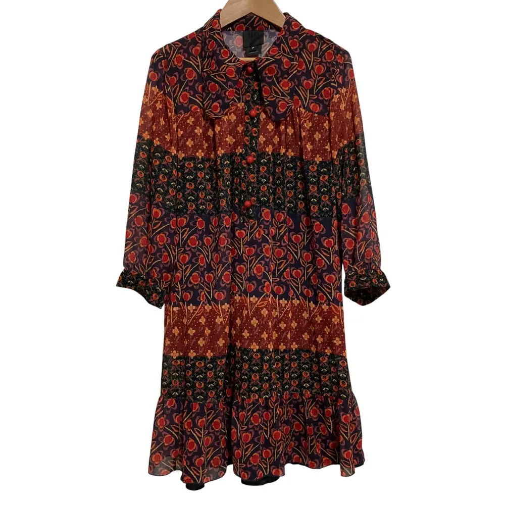 ANNASUI アナスイ レトロフラワー柄 長袖 シアーシャツワンピース サイズP オレンジ