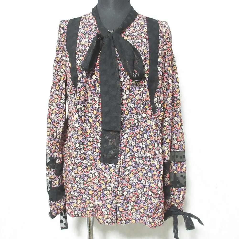 ANNA SUI アナスイ ボウタイ付き 総柄 シルクブラウス 54-20-3320 サイズ2 ブラック