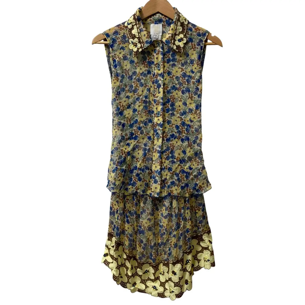 ANNA SUI アナスイ チェリー フラワープリント ノースリーブシフォンワンピース サイズ2 イエロー