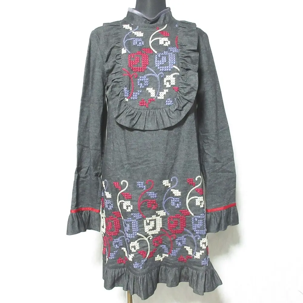 ANNA SUI アナスイ フラワー刺繍 フリルデニム ワンピース サイズP ブラック