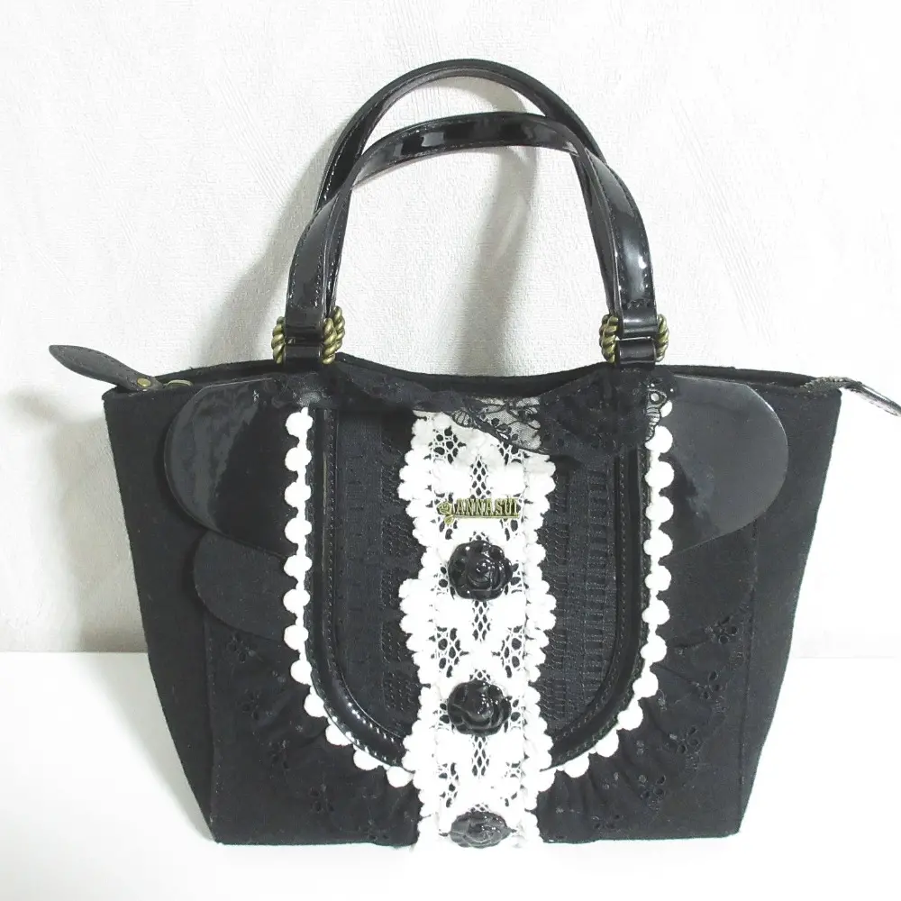 ANNA SUI アナスイ レース装飾 ローズボタン ハンドバッグ ブラック