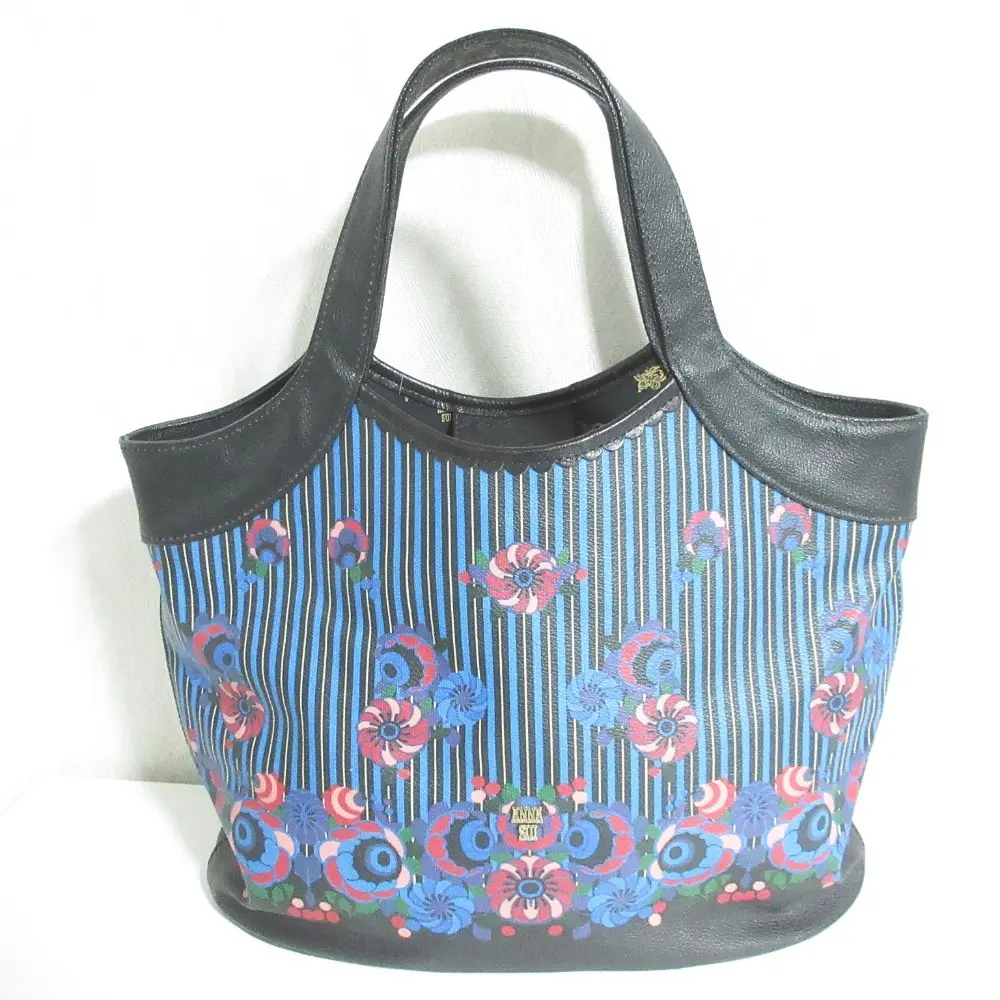 ANNA SUI アナスイ ストライプ フラワープリント ハンドバッグ ブラック ブルー