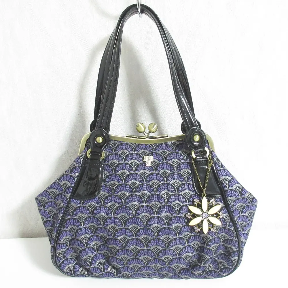 ANNA SUI アナスイ フラワーチャーム プリント キャンバス トートバッグ がま口ハンドバッグ パープル ブラック