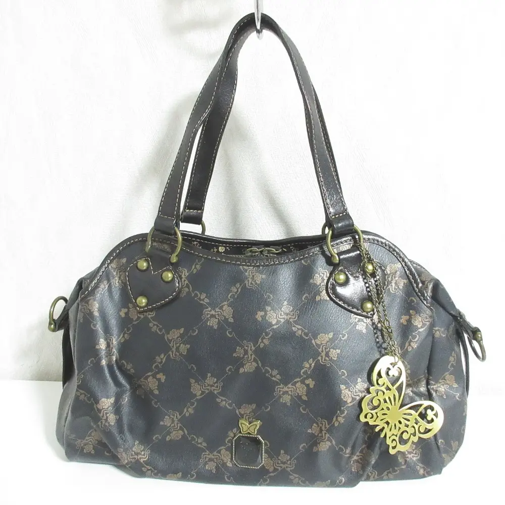 ANNA SUI アナスイ チェック プリント ミニボストンバッグ ハンドバッグ バタフライチャーム ダークブラウン