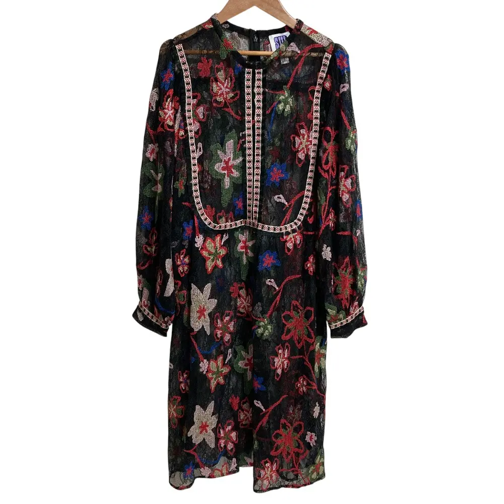 SUI BY ANNA SUI スイ アナスイ フラワー柄 長袖 ひざ丈 レースワンピース ドレス Lサイズ ブラック