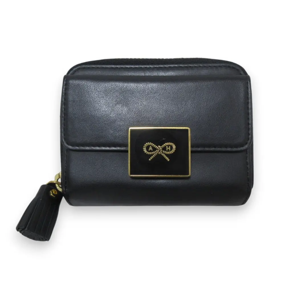 ANYA HINDMARCH アニヤハインドマーチ レザー ハーフウォレット 二つ折り財布 コンパクトウォレット ブラック×ゴールド金具