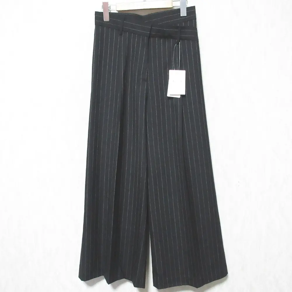 23AW AP STUDIO エーピー ストゥディオ W Belt Wide PT ストライプ ワイドパンツ 23030586205030 サイズ36 ブラック