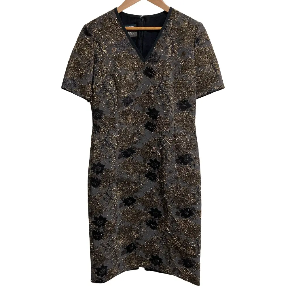 Aquascutum アクアスキュータム BUCOL Vネック 半袖 ひざ丈 ジャガードワンピース サイズ10 ブラック ゴールドカラー
