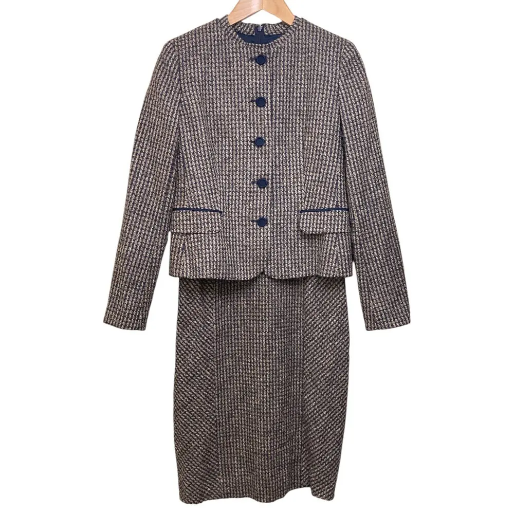 Aquascutum アクアスキュータム ツイード ワンピース ノーカラージャケット アンサンブル ブラウン