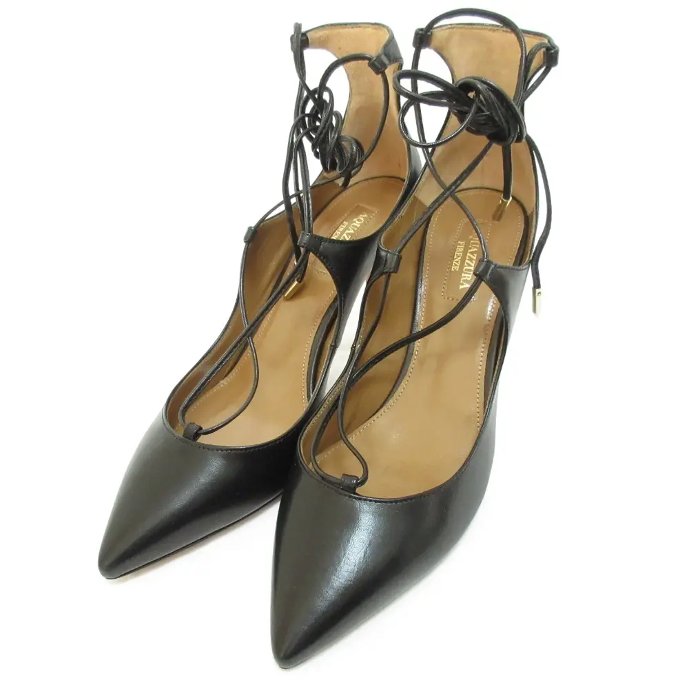 AQUAZZURA アクアズーラ CHRISTY レザー ポインテッドトゥ ピンヒール レースアップ パンプス サイズ37 約24cm ブラック