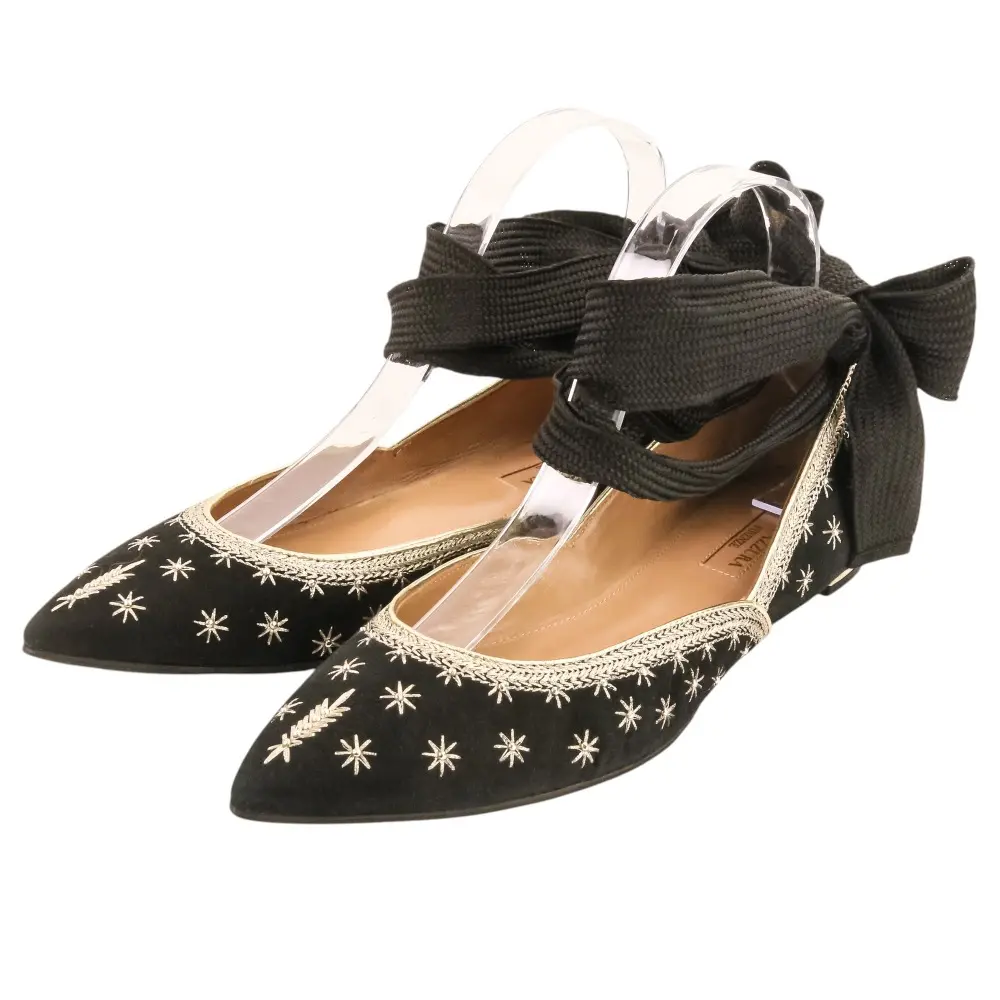 AQUAZZURA アクアズーラ スエード アンクルストラップ ポインテッドトゥパンプス 37 23.5cm相当 ブラック