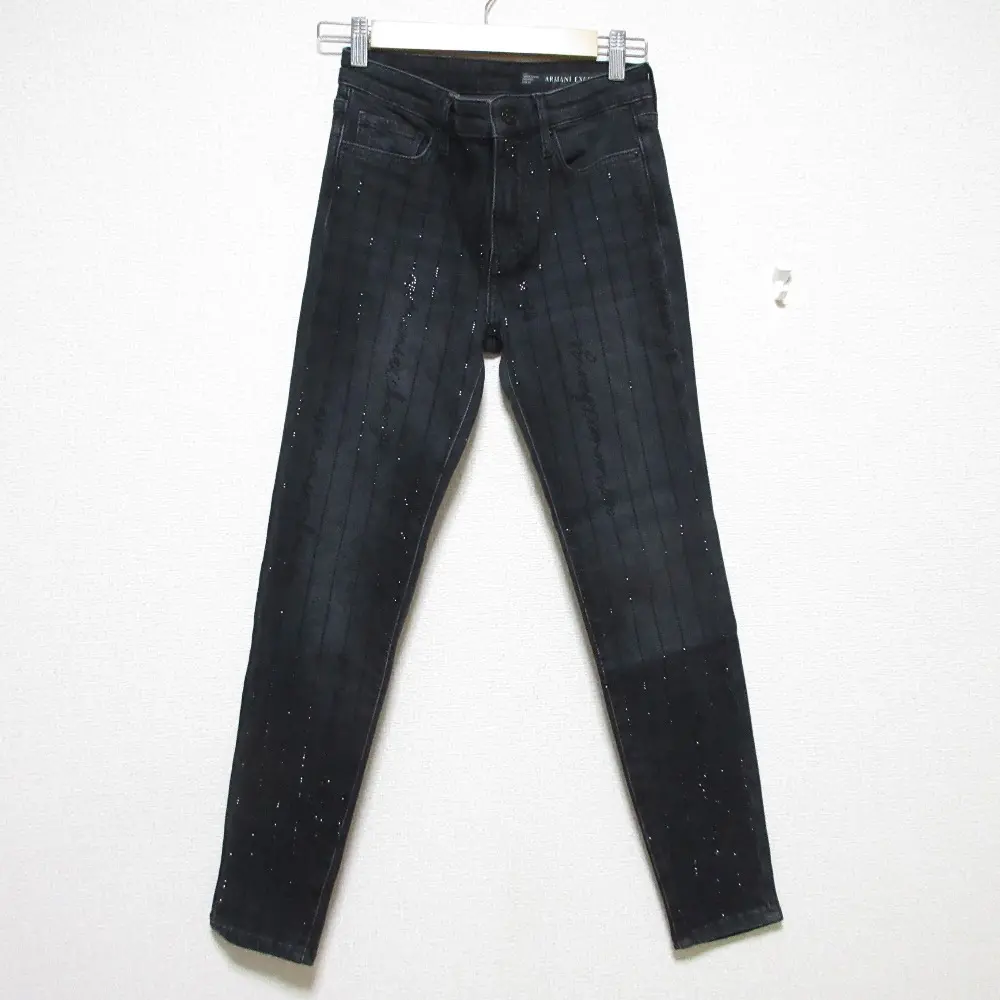 ARMANI EXCHANGE アルマーニエクスチェンジ J10 SUPER SKINNY CROPPED ラインストーンロゴ スキニー デニムパンツ W24 ブラック