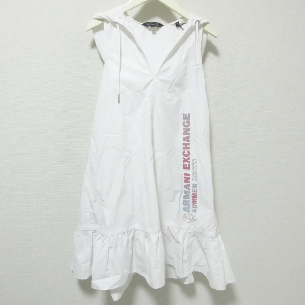 ARMANI EXCHANGE アルマーニエクスチェンジ ロゴプリント ノースリーブ ひざ丈 フーデッド ワンピース 0 ホワイト