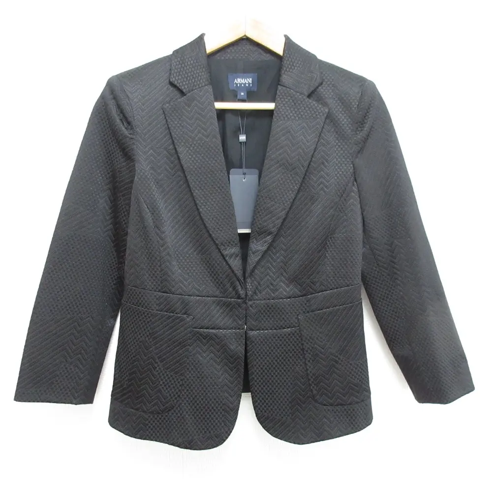 ARMANI JEANS アルマーニジーンズ 幾何学柄 ジャガード ウエストマーク シングル テーラードジャケット サイズ38 ブラック