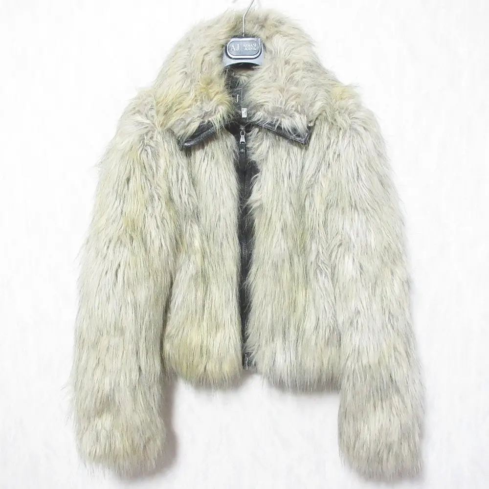 ARMANI JEANS アルマーニジーンズ フェイクファー エコファー ジップブルゾン ジャケット 40 ベージュ グレー