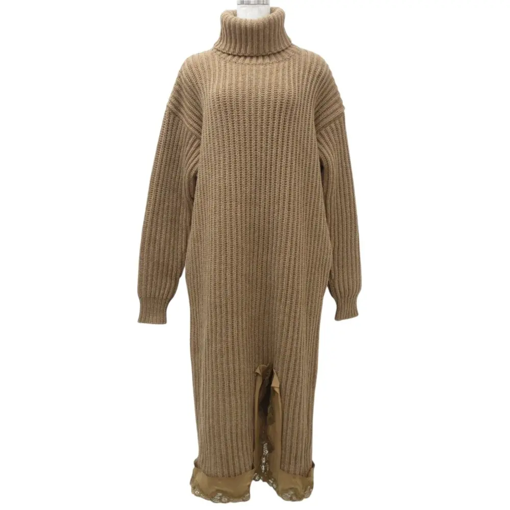 Balenciaga バレンシアガ タートルネック ロング ウールニット スリット レース ワンピース 529227 サイズ34 ブラウン