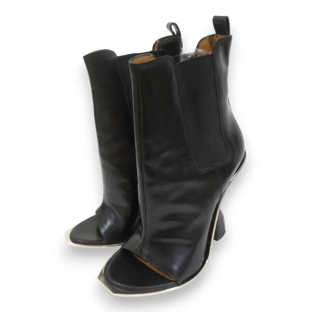 BALENCIAGA バレンシアガ レザー オープントゥ サイドゴア 変形ヒール ショートブーツ 37 約24cm ブラック×シルバー金具