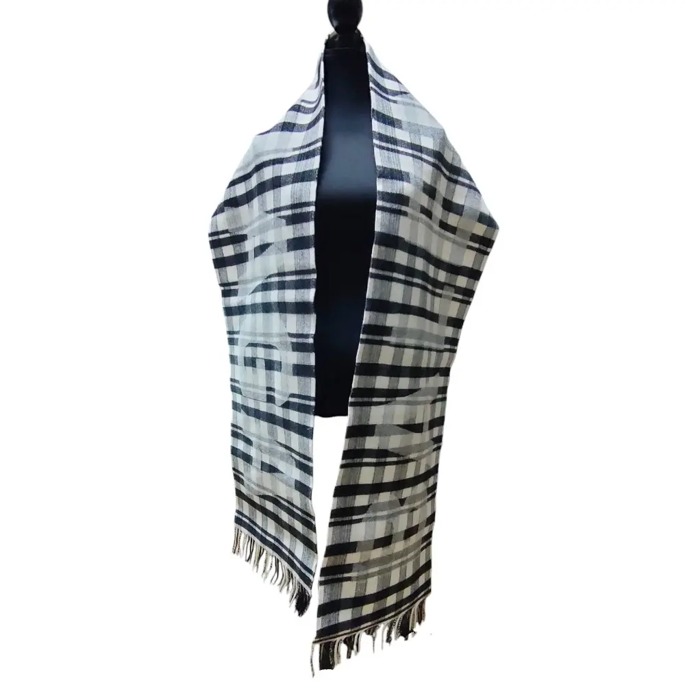 BALENCIAGA バレンシアガ ウール ロゴ タータンチェック柄 大判 フリンジストール マフラー 536372 ブラック×ホワイト