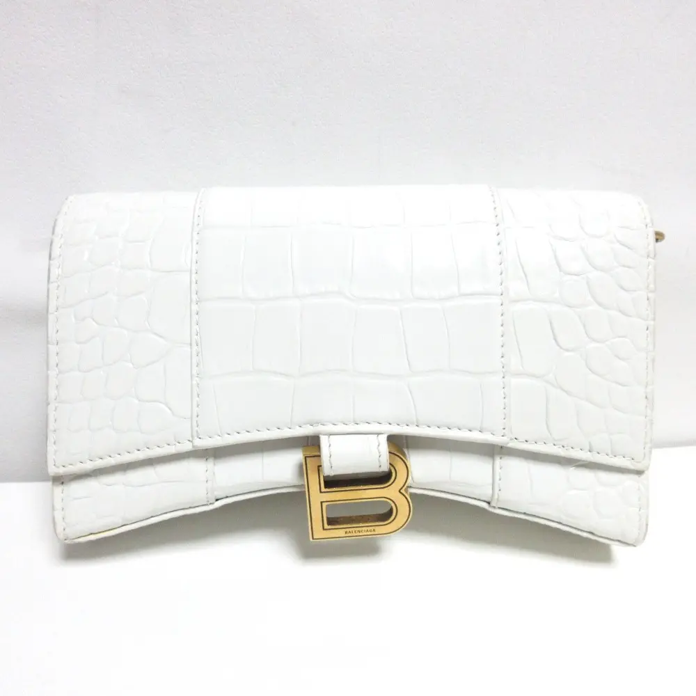 BALEMCIAGA バレンシアガ クロコ型押し Hourglass アワーグラス チェーンウォレット ショルダーバッグ クラッチバッグ ホワイト
