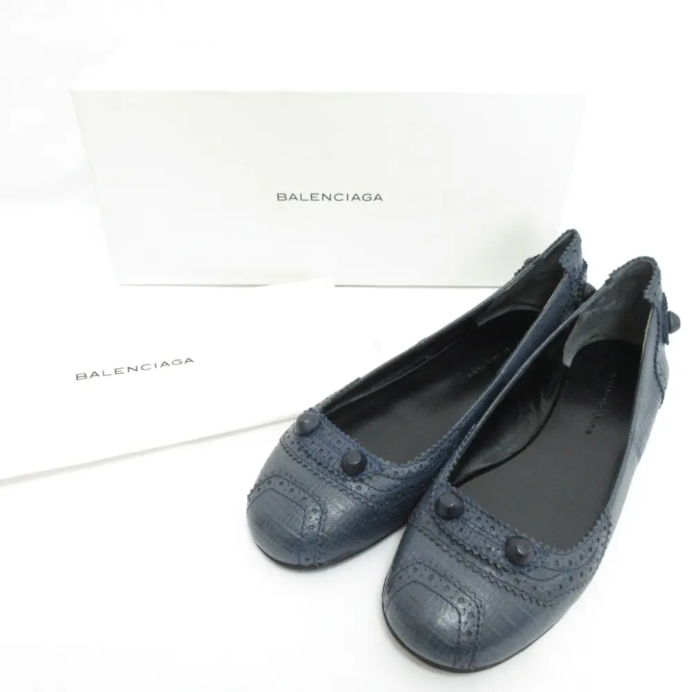 BALENCIAGA バレンシアガ レザー スタッズ ラウンドトゥ フラット パンプス バレエシューズ サイズ37 約23.5cm ネイビー