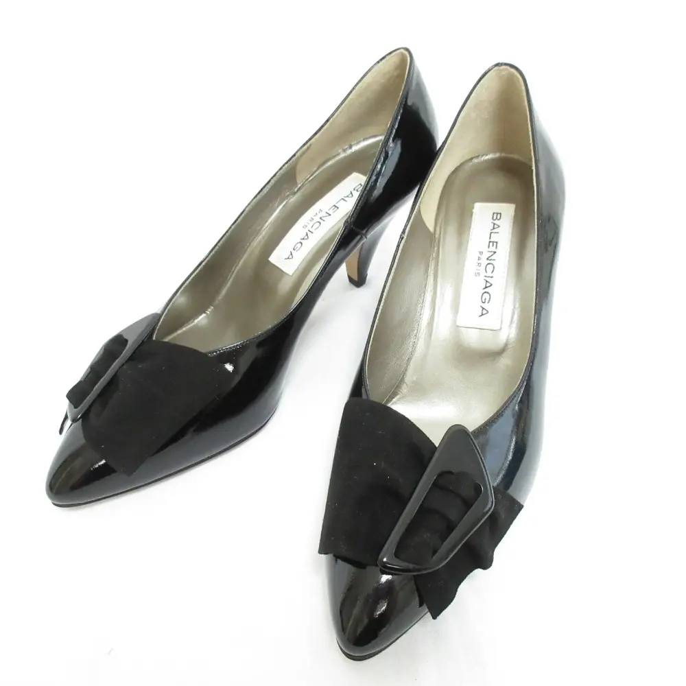 訳アリ BALENCIAGA バレンシアガ 日本製 エナメル リボンモチーフ ポインテッドトゥ パンプス サイズ37 約24.0cm ブラック