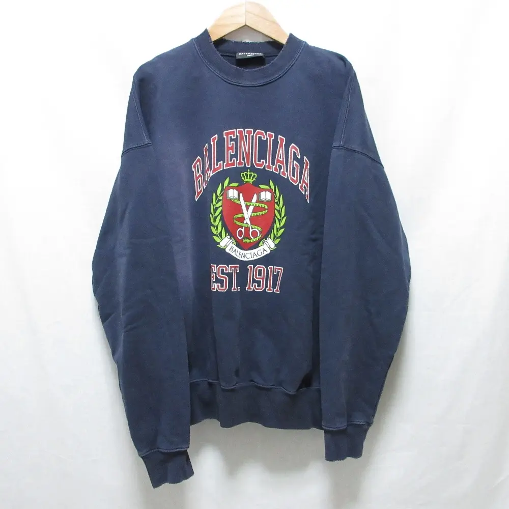 21AW BALENCIAGA バレンシアガ ユーズド加工 カレッジプリント スウェットシャツ トレーナー 676629 オーバーサイズ XS ネイビー