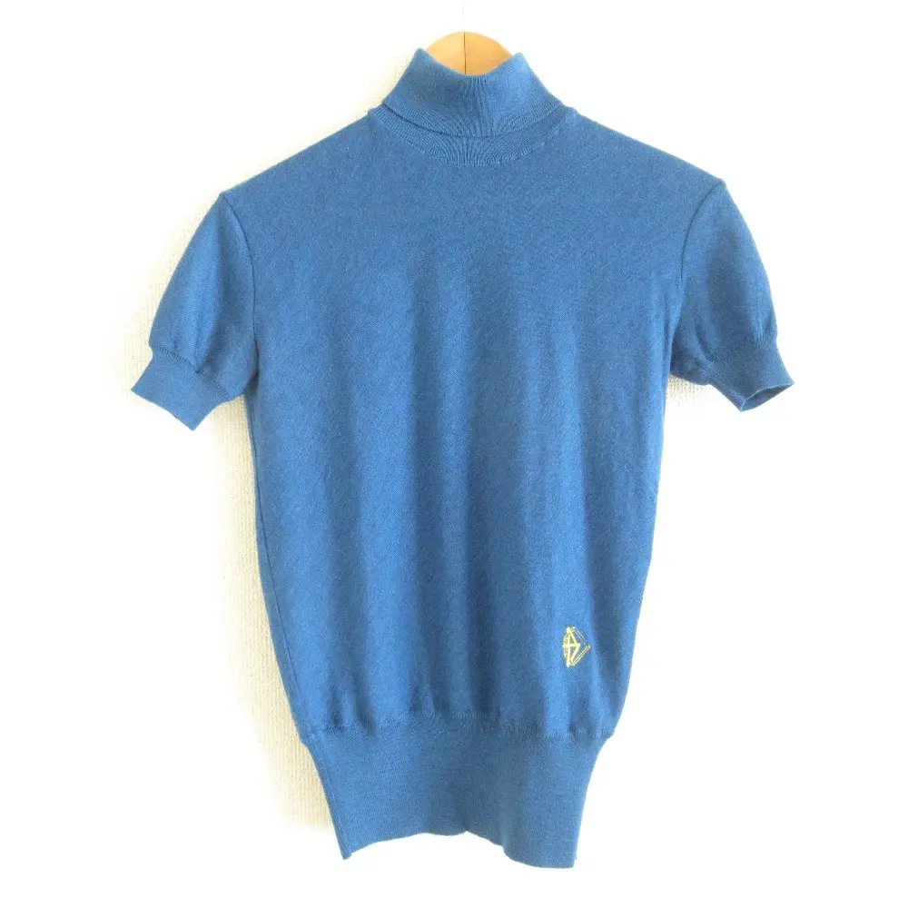 BALENCIAGA バレンシアガ 刺繍 ワンポイント ハイネック ショートスリーブ プルオーバー ニット カットソー セーター 36 ブルー