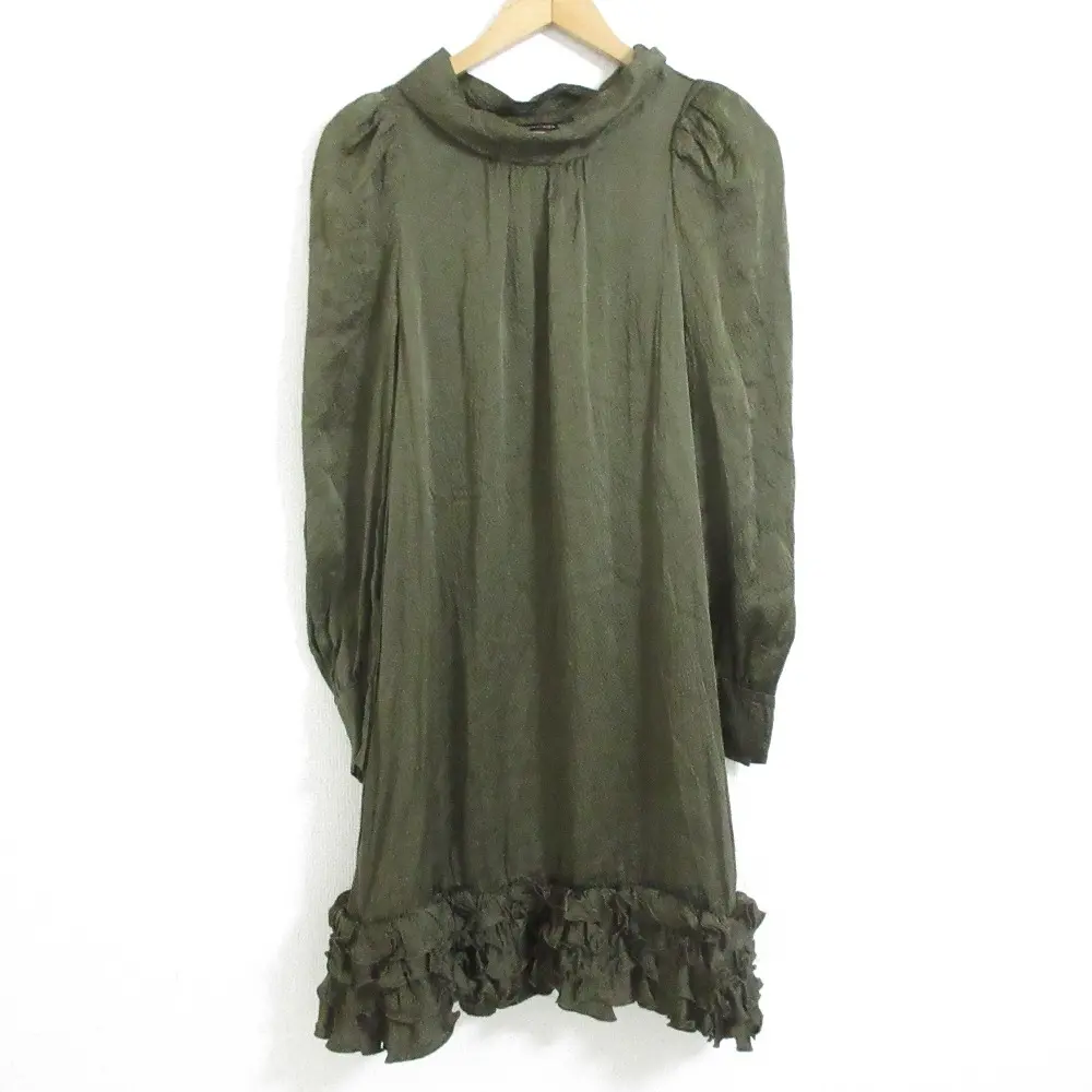 BALENCIAGA バレンシアガ シルク100％ フリルヘム ハイネック ロングスリーブ 長袖 ひざ丈 ワンピース ドレス 36 カーキ