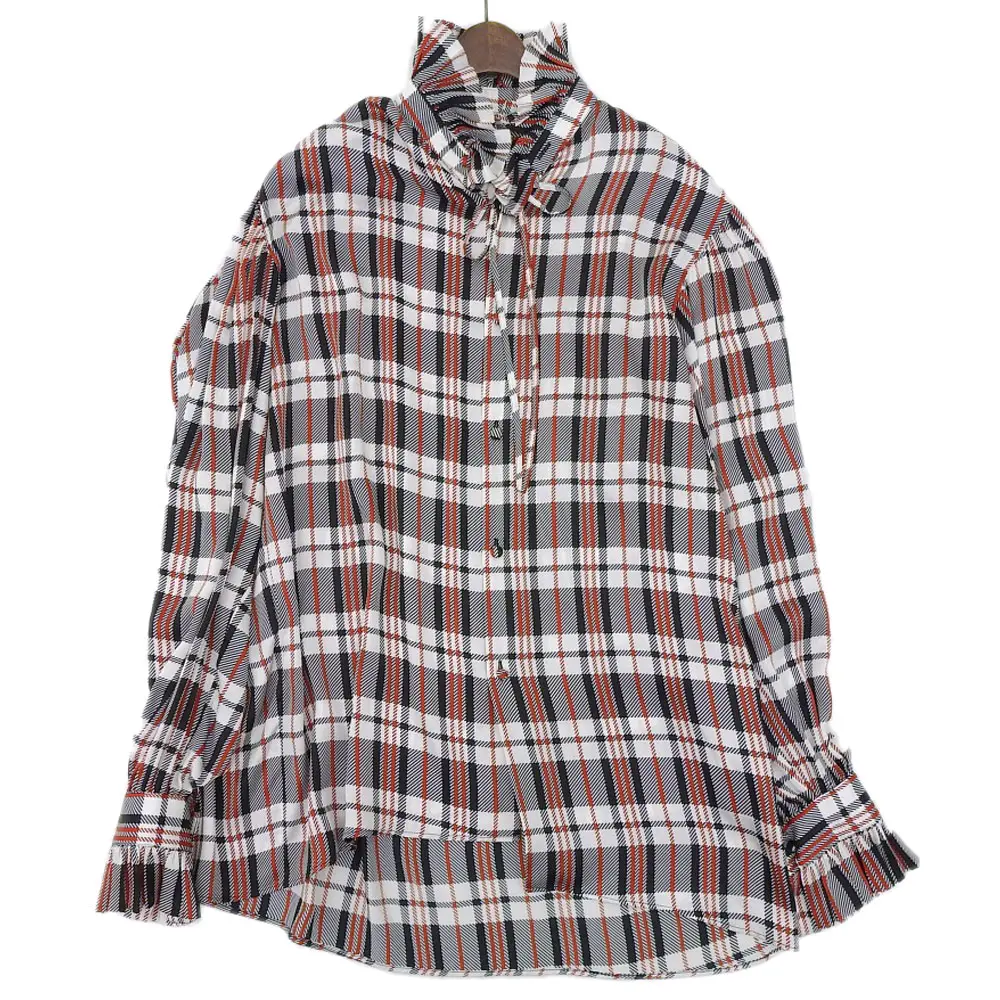 BALENCIAGA バレンシアガ チェック柄 長袖 フリル シルクブラウス 34 マルチカラー
