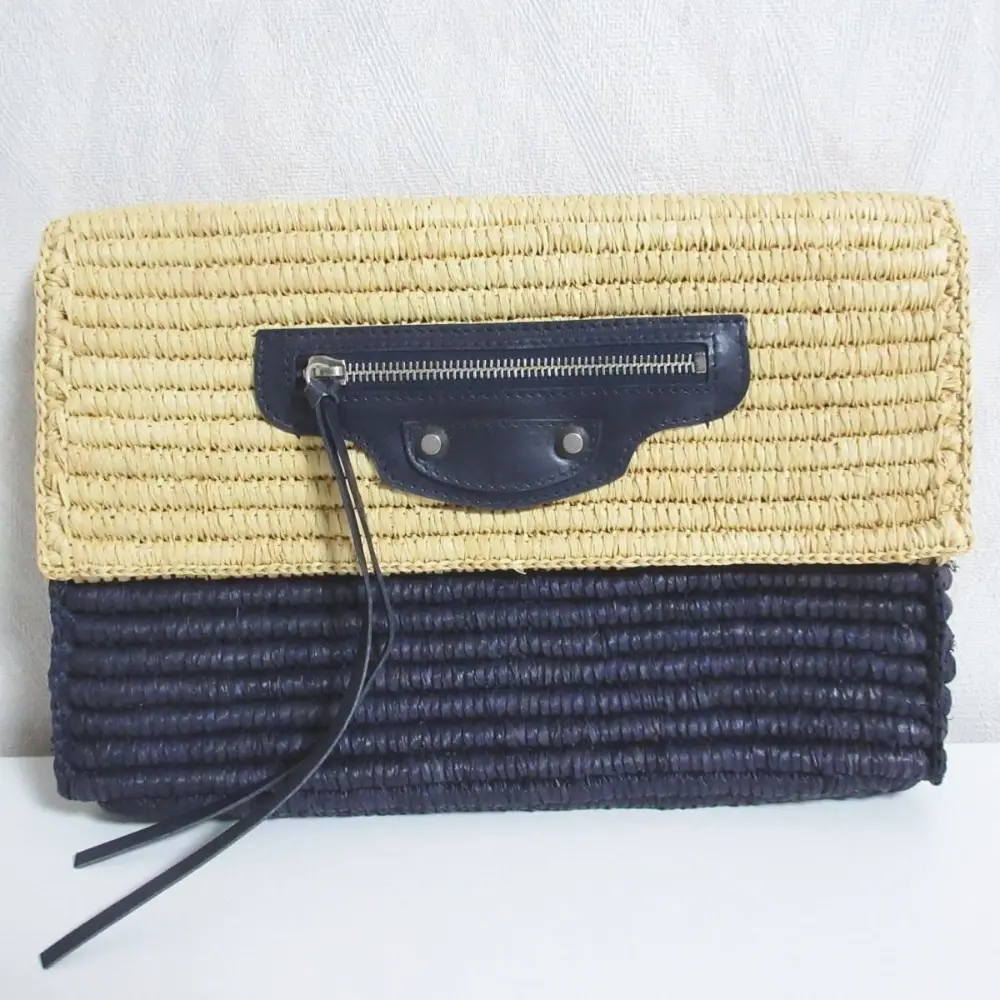 BALENCIAGA バレンシアガ ラフィア クラッチバッグ かごバッグ 339549 ベージュ×ネイビー