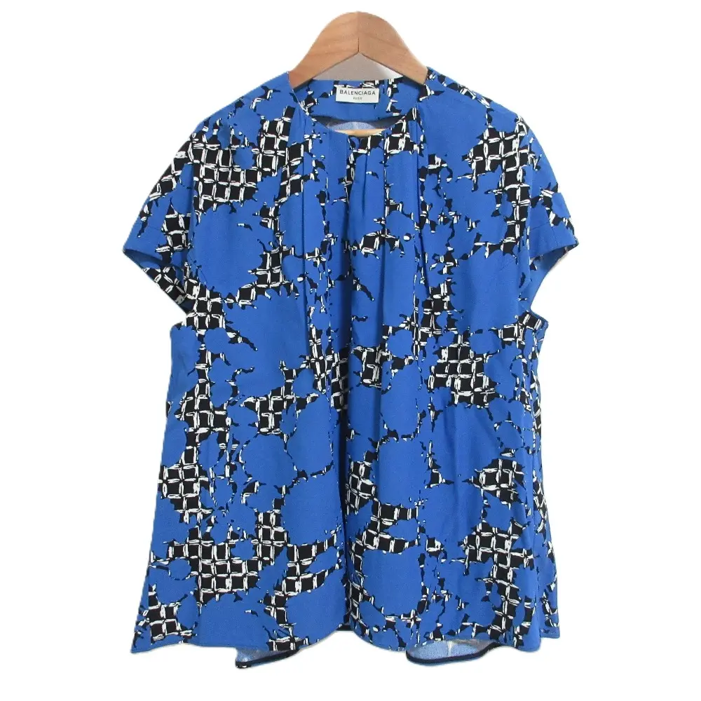 BALENCIAGA バレンシアガ フレンチスリーブ フレアブラウス シャツ サイズ36 ブルー ブラック