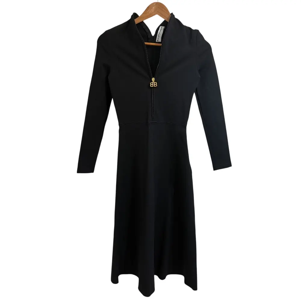 クリーニング済み BALENCIAGA バレンシアガ ロゴジップ ストレッチ ロング丈 フレアワンピース サイズ34 ブラック