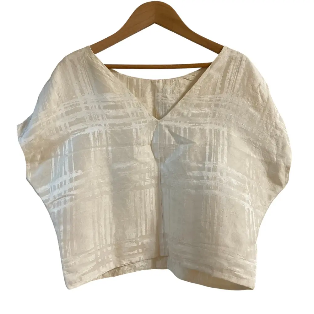 BALENCIAGA バレンシアガ シャドーチェック シルク フレンチスリーブ クロップド ブラウス プルオーバー サイズ36 オフホワイト