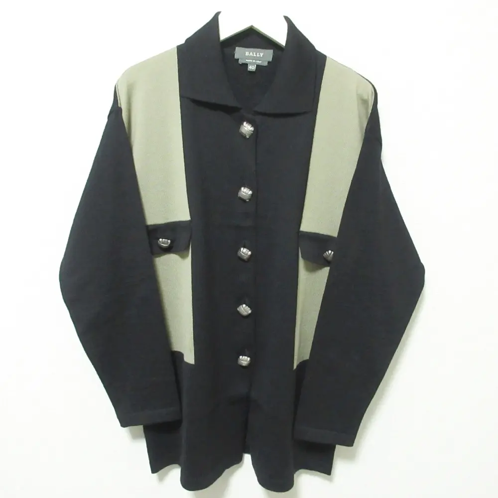 BALLY バリー ヴィンテージ 配色 切替 バイカラー メタル釦 カーディガン ニットジャケット 40 ブラック×ベージュ