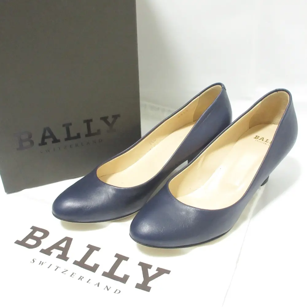 BALLY バリー レザー ミドルヒール プレーントゥ パンプス 小さいサイズ 34.5 約21.5cm ネイビー
