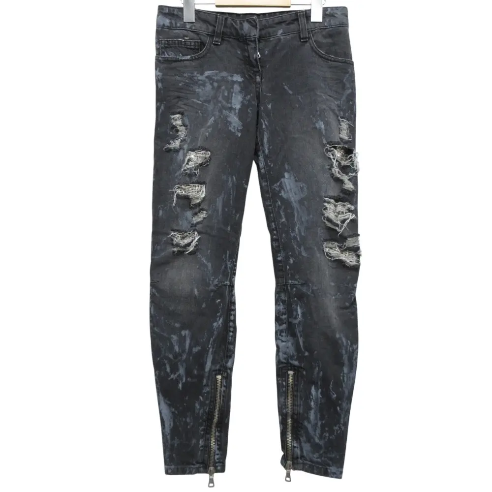 BALMAIN バルマン デストロイ加工 ジップ バイカーデニムパンツ ジーンズ 36 ブラック