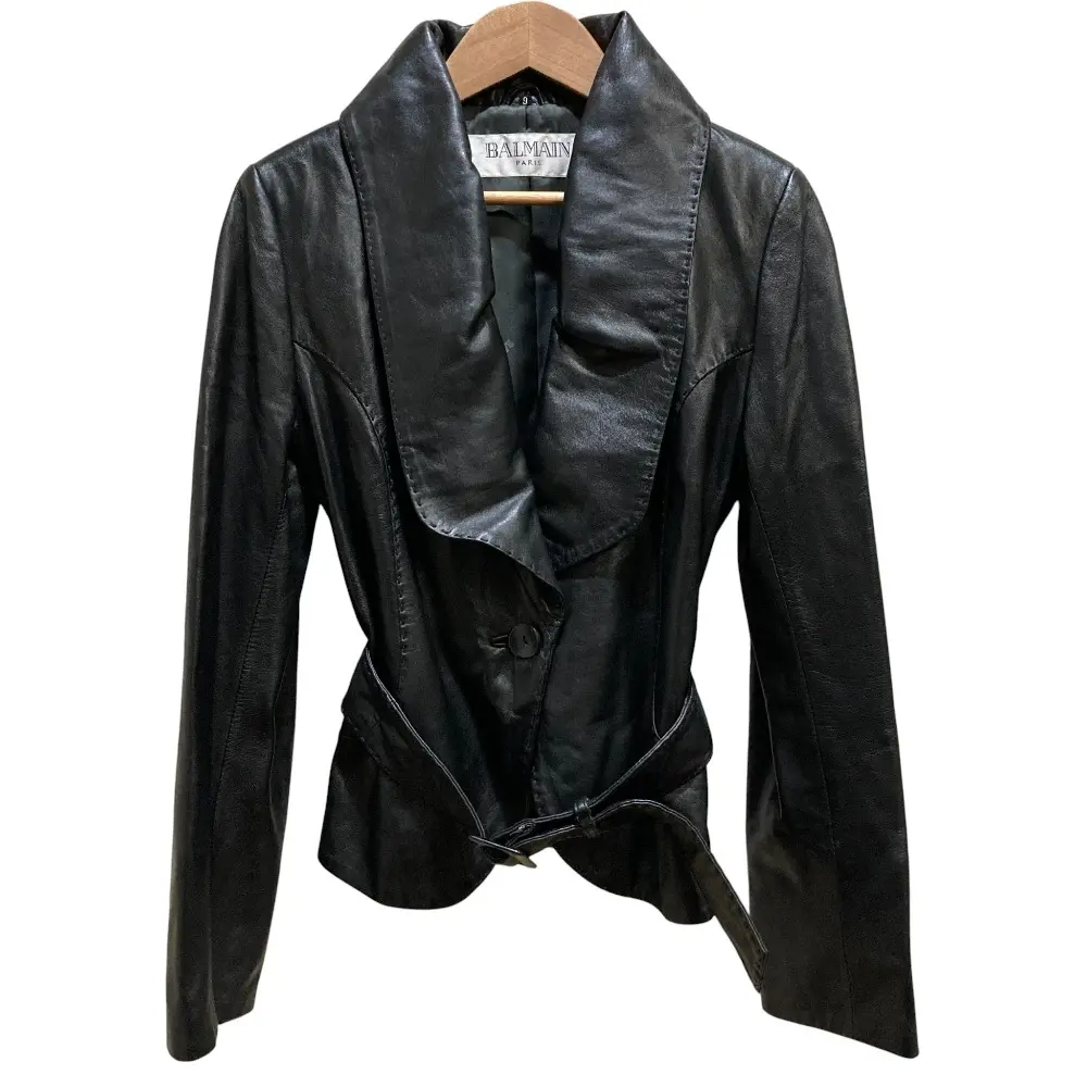 BALMAIN バルマン ラムレザー ベルテッド ショールカラージャケット サイズ9 ブラック