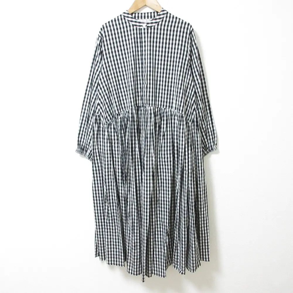 23SS BEARDSLEY ビアズリー 先染めギャザーワンピース チェック柄 長袖 ロング シャツドレス サイズ0 ブラック ホワイト