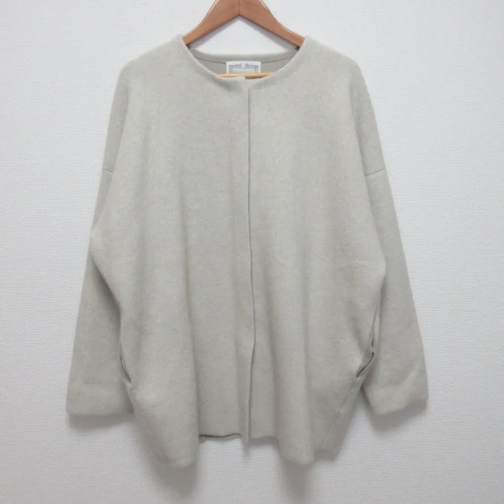 22AW BEARDSLEY ビアズリー 比翼デザイン ニット ノーカラーコート サイズF ライトグレー