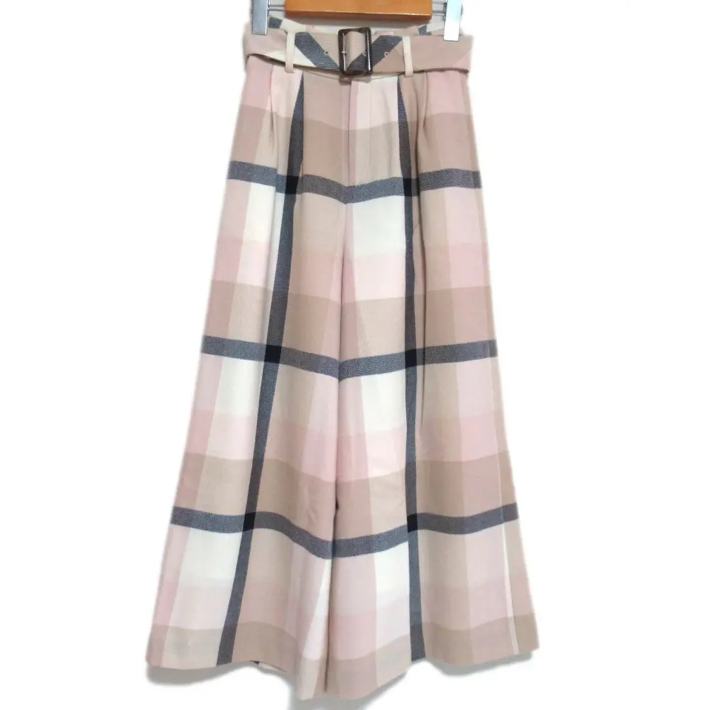 BLUE LABEL CRESTBRIDGE ブルーレーベルクレストブリッジ チェック柄 ベルト付き フレア ワイドパンツ 34 ピンク×ベージュ