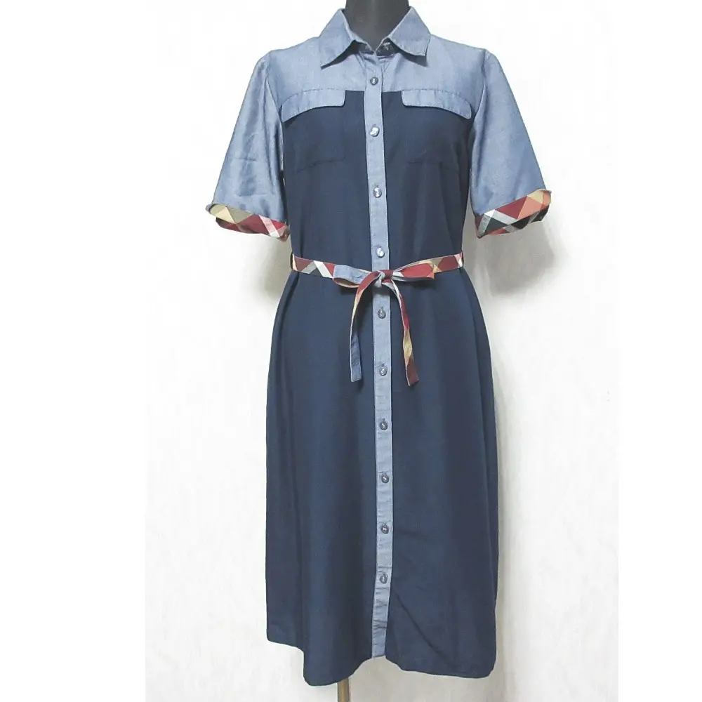 BLUE LABEL CRESTBRIDGE ブルーレーベルクレストブリッジ 半袖 ひざ丈 切替 ベルテッド シャツワンピース 36 ネイビー