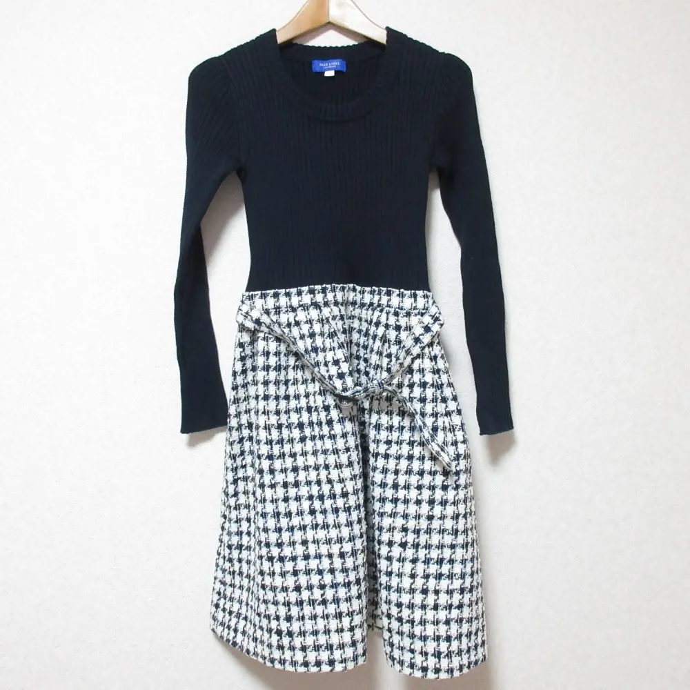 BLUE LABEL CRESTBRIDGE ブルーレーベルクレストブリッジ ニット×ツイード ドッキング ベルテッド ミニワンピース 36 ネイビー系