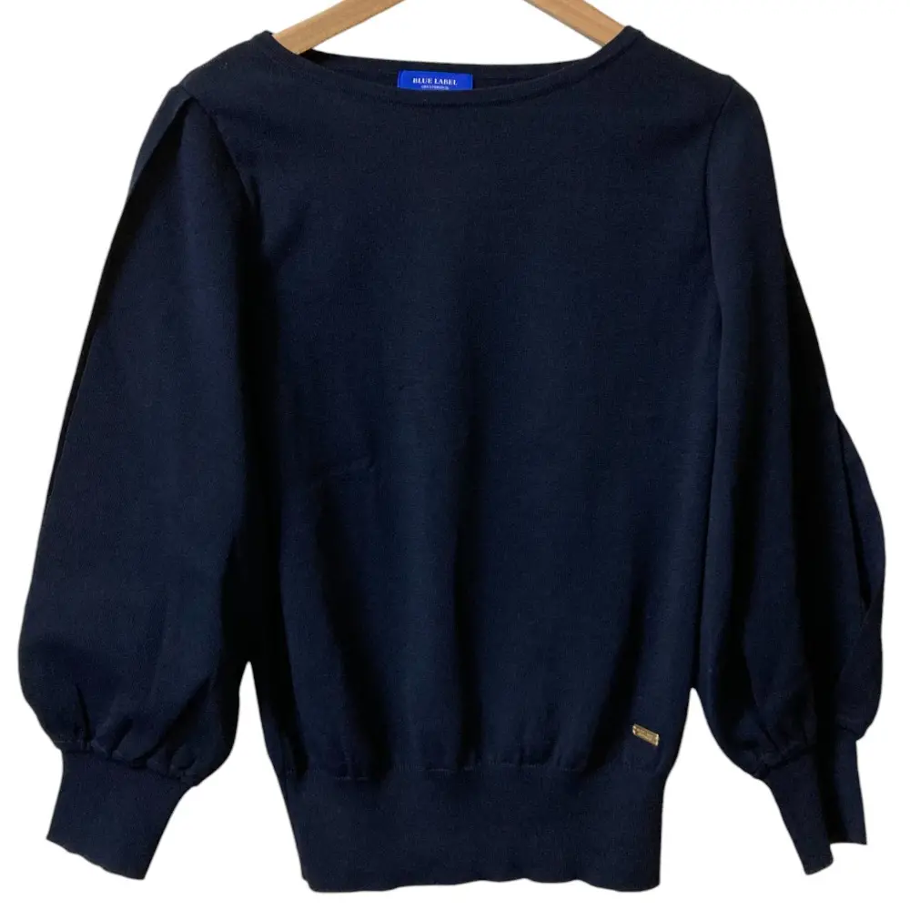 BLUE LABEL CRESTBRIDGE ブルーレーベルクレストブリッジ 袖チェック柄 ボリュームスリーブ ニット カットソー 38 ネイビー