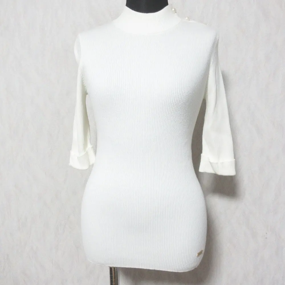 BLUE LABEL CRESTBRIDGE ブルーレーベルクレストブリッジ パールボタン 五分袖 ハイネック リブニット カットソー 38 ホワイト