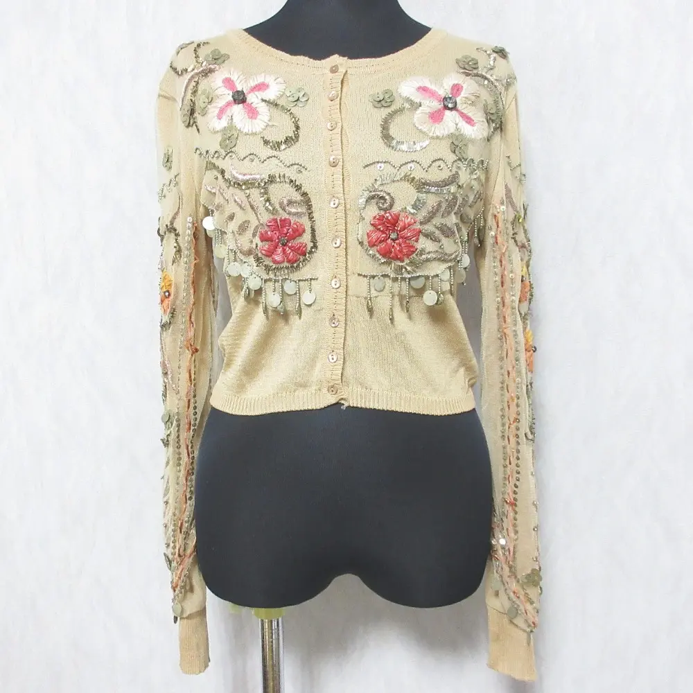 Blumarine ブルマリン フラワーモチーフ ビーズ 刺繍 クルーネック ショート丈 シルクニットカーディガン ボレロ 40 ベージュ