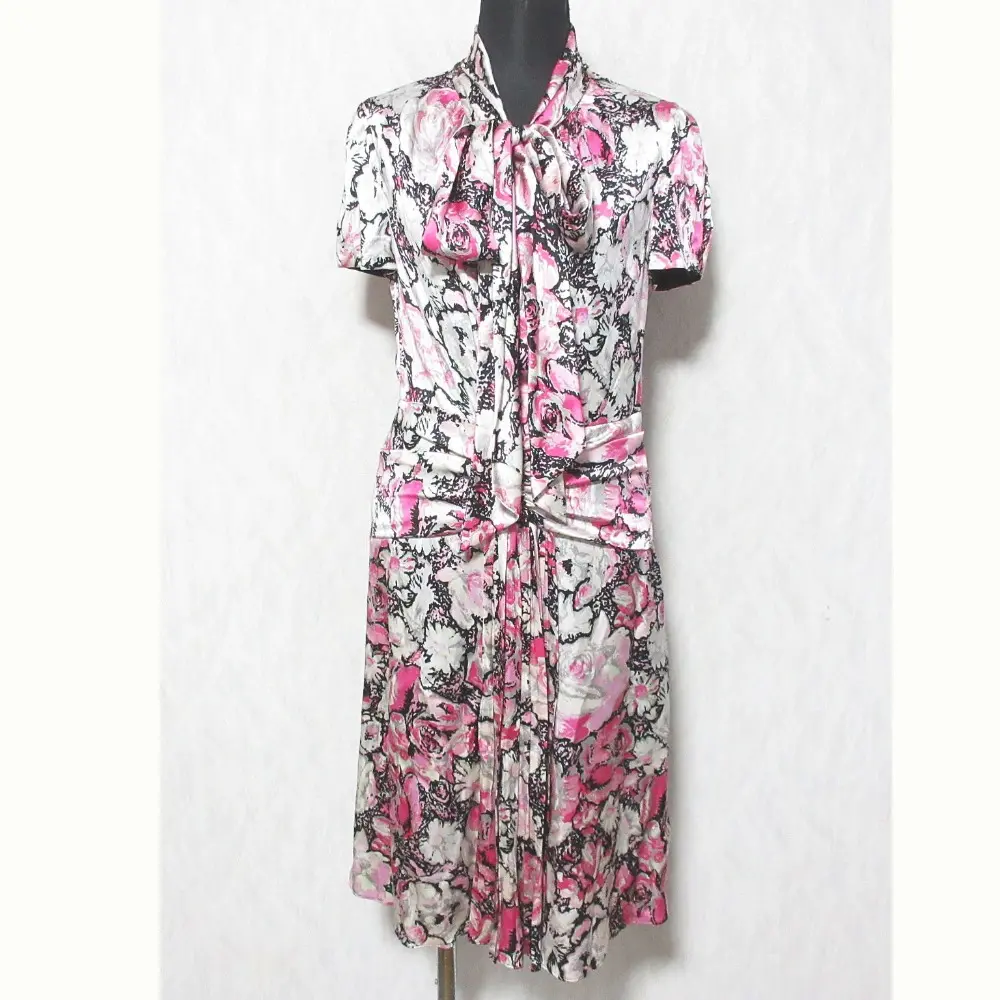 Blumarine ブルマリン フラワープリント シルクサテンドレス 半袖 ひざ丈 ボウタイ ワンピース 40 ピンク系