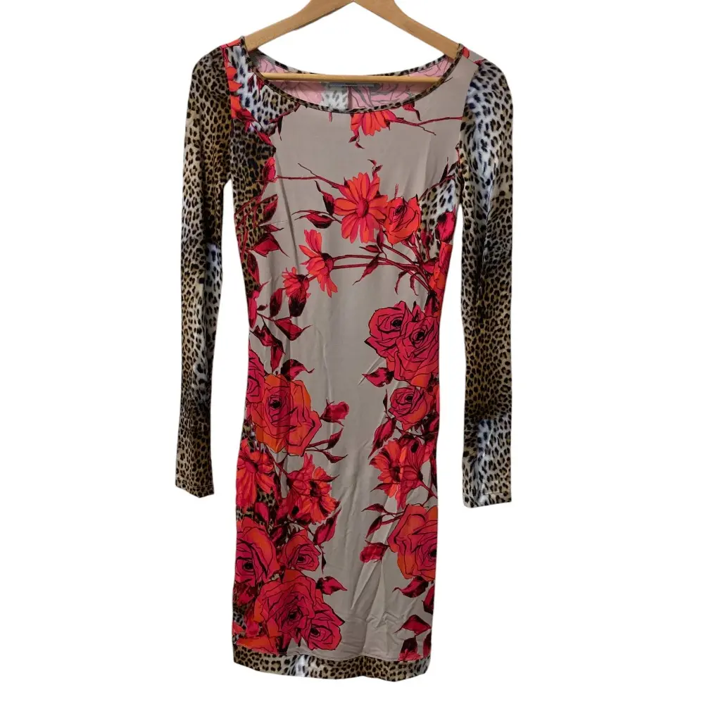 Blumarine ブルマリン フラワー レオパードプリント 長袖 ロング ワンピース ドレス サイズI38 ピンクベージュ