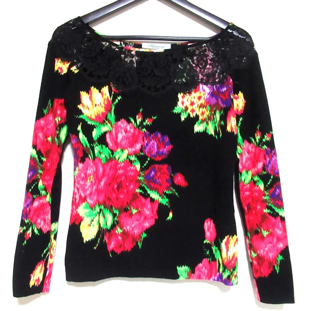 Blumarine ブルマリン フラワープリント レース 長袖 ニット カットソー サイズI40 ブラック